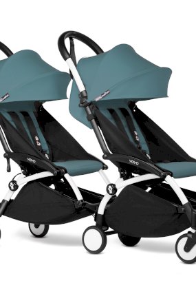 Carucior pentru gemeni BABYZEN YOYO² CONNECT, dublu, cu cadru alb si pachet de culoare Aqua