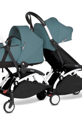 Carucior pentru gemeni BABYZEN YOYO² CONNECT, dublu, cu cadru alb, landou si pachet de culoare Aqua