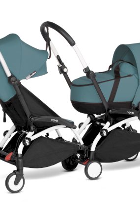 Carucior pentru gemeni BABYZEN YOYO² CONNECT, dublu, cu cadru alb, pachet de culoare si landou