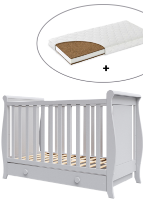 Patut pentru copii BabyMatters Nido, din lemn masiv, 120x60 cm, cu sertar si saltea de cocos inclusa