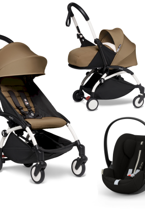 Carucior 3 in 1 pentru copii BABYZEN YOYO², cadru alb, pachet nou nascut, scoica auto Cloud G si pachet de culoare Toffee