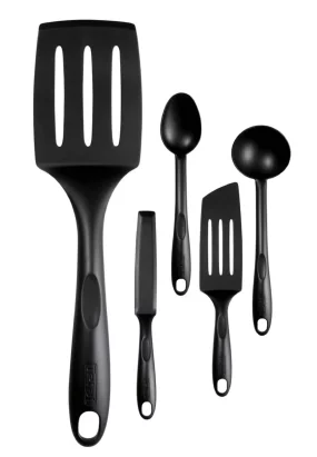Babymatters Set de 5 piese Tefal Bienvenue K001A504, Nylon cu 15% fibra de sticla, Rezistenta 220 grade, Sigur pentru antiaderent, Negru