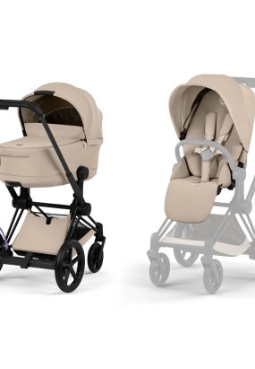Babymatters Carucior 2 in 1 pentru copii Cybex E-Priam Comfort, electric, premium, Cozy Beige cu cadru Matt Black