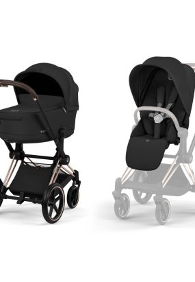 Babymatters Carucior 2 in 1 pentru copii Cybex Priam Comfort, premium, Sepia Black cu cadru Rosegold
