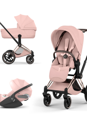 scari Carucior 3 in 1 pentru copii Cybex Priam Style, cu landou si scoica Cloud T Plus, Peach Pink cu cadru Rosegold