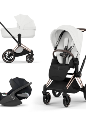 scari Carucior 3 in 1 pentru copii Cybex Priam Style, cu landou si scoica Cloud T Plus, Off White cu cadru Rosegold