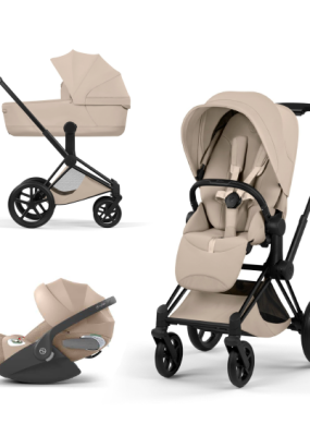 scari Carucior 3 in 1 pentru copii Cybex Priam Style, cu landou si scoica Cloud T Plus, Cozy Beige cu cadru Matt Black