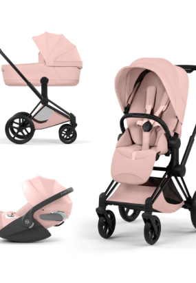 autocolant scari Carucior 3 in 1 pentru copii Cybex Priam Style, cu landou si scoica Cloud T Plus, Peach Pink cu cadru Matt Black