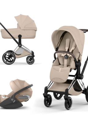 autocolant scari Carucior 3 in 1 pentru copii Cybex Priam Style, cu landou si scoica Cloud T Plus, Cozy Beige cu cadru Chrome
