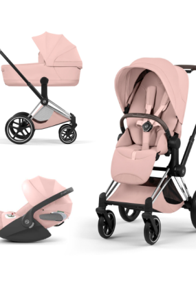 autocolant scari Carucior 3 in 1 pentru copii Cybex Priam Style, cu landou si scoica Cloud T Plus, Peach Pink cu cadru Chrome