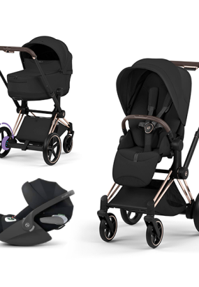 scari Carucior 3 in 1 pentru copii Cybex E-Priam Style, cu landou si scoica Cloud T Plus, Sepia Black cu cadru Rosegold
