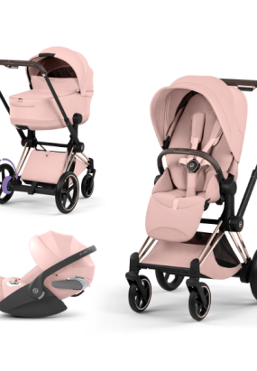 scari Carucior 3 in 1 pentru copii Cybex E-Priam Style, cu landou si scoica Cloud T Plus, Peach Pink cu cadru Rosegold