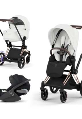 scari Carucior 3 in 1 pentru copii Cybex E-Priam Style, cu landou si scoica Cloud T Plus, Off White cu cadru Rosegold