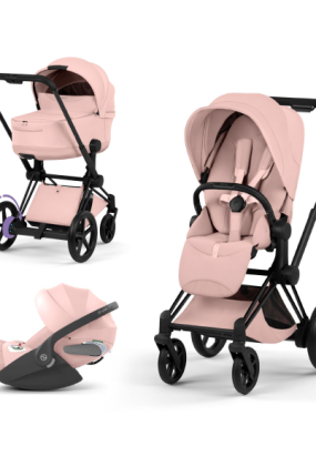 autocolant scari Carucior 3 in 1 pentru copii Cybex E-Priam Style, cu landou si scoica Cloud T Plus, Peach Pink cu cadru Matt Black