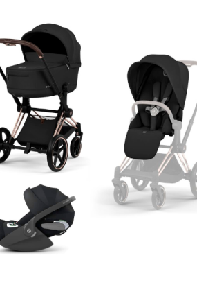 autocolant scari Carucior 3 in 1 pentru copii Cybex Priam Comfort, premium, cu scoica Cloud T Plus, Sepia Black cu cadru Rosegold