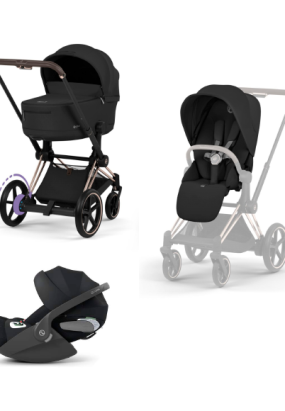 autocolant scari Carucior 3 in 1 pentru copii Cybex E-Priam Comfort, premium, cu scoica Cloud T Plus, Sepia Black cu cadru Rosegold