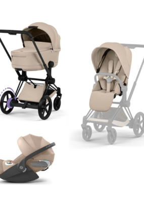 autocolant scari Carucior 3 in 1 pentru copii Cybex E-Priam Comfort, premium, cu scoica Cloud T Plus, Cozy Beige cu cadru Matt Black