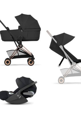 cybex libelle Carucior 3 in 1 pentru copii Cybex Coya Comfort, compact, premium, cu scoica Cloud T Plus, Sepia Black cu cadru Rosegold