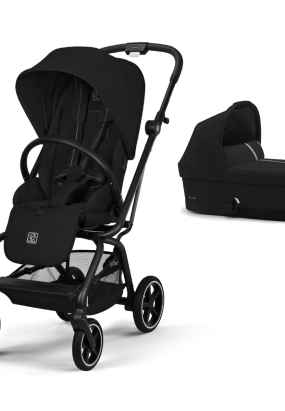 Babymatters Carucior 2 in 1 Cybex Gold Eezy S Twist+ 2, rotativ 360°, cu landou, Magic Black cu cadru Black