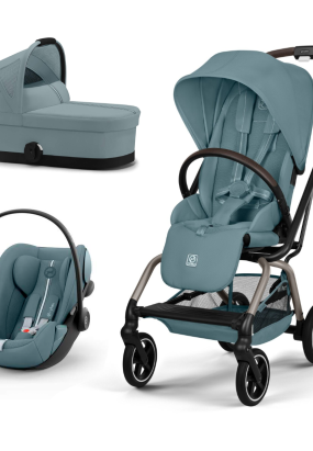 Babymatters Carucior 3 in 1 pentru copii Cybex Gold Eezy S Twist +2, cu landou si scoica Cloud G Plus, Stormy Blue cu cadru Taupe