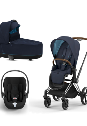 Babymatters Pachet promotional 3 in 1 Cybex Priam, premium, cu landou si scoica auto Cloud T - Nautical Blue cu cadru Chrome Brown