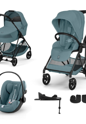 Babymatters Carucior 4 in 1 Cybex Melio Carbon pentru copii, cu landou, scoica auto Cloud G si baza G, Stormy Blue