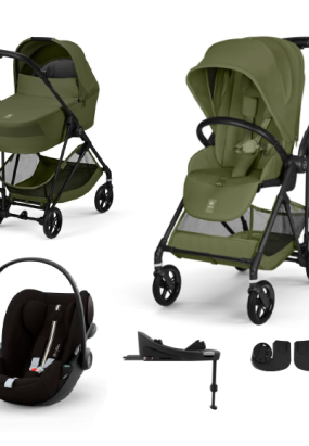 Babymatters Carucior 4 in 1 Cybex Melio Carbon pentru copii, cu landou, scoica auto Cloud G si baza G, Moss Green