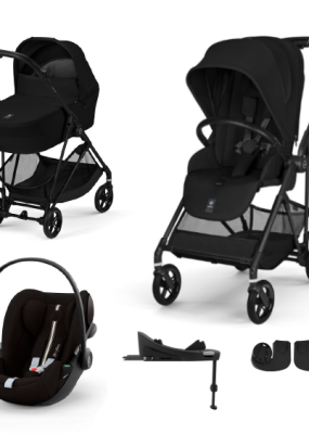 Babymatters Carucior 4 in 1 Cybex Melio Carbon pentru copii, cu landou, scoica auto Cloud G si baza G, Magic Black