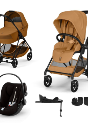 Babymatters Carucior 4 in 1 Cybex Melio Carbon pentru copii, cu landou, scoica auto Cloud G si baza G, Cinnamon Yellow