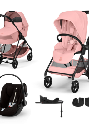 Babymatters Carucior 4 in 1 Cybex Melio Carbon pentru copii, cu landou, scoica auto Cloud G si baza G, Candy Pink
