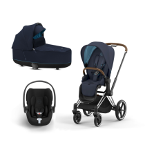Προωθητικό πακέτο Cybex Priam 3 σε 1 premium με πορτ-μπεμπέ και κάθισμα αυτοκινήτου Cloud T - Ναυτικό μπλε με πλαίσιο Chrome Brown